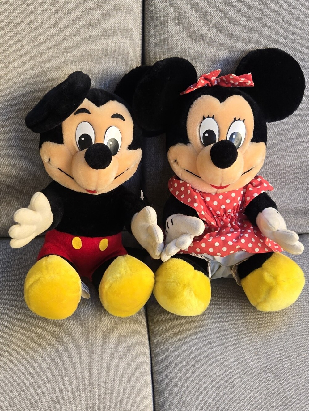 Disney Vintage Plush Mickey & Minnie Mouse Pair - Black, Red, Yellow